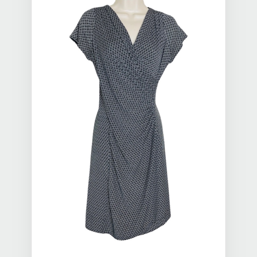 Talbots Faux Wrap Dress Black White Surplice Neck size S Petite Work Career